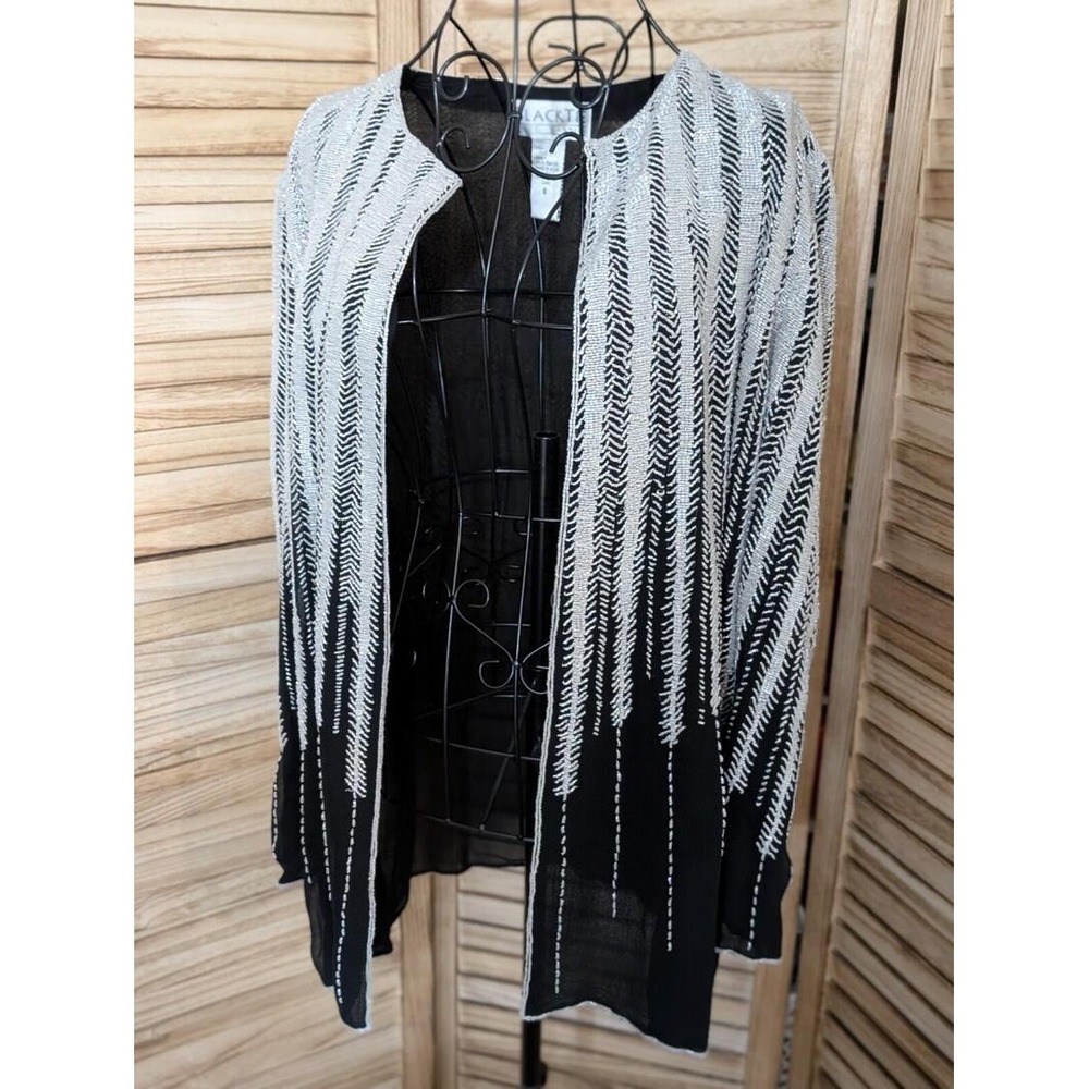 Vintage Black Tie Oleg Cassini Jacket Black White Silk Beaded Heavy Women Small